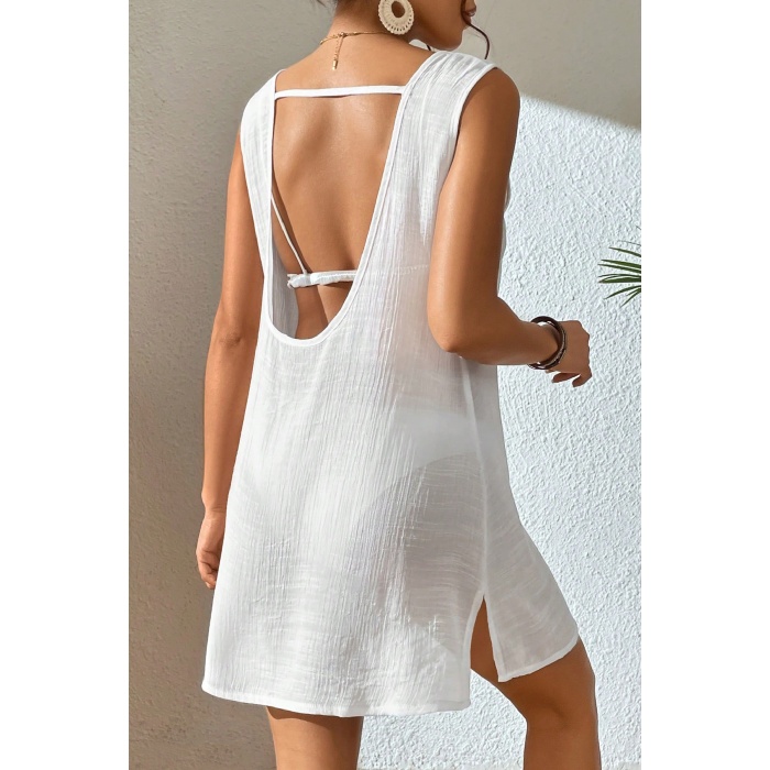 Kadın Beyaz Sırt Detaylı Yırtmaçlı Plaj Elbisesi Pareo – Şık, Rahat ve 4 Mevsim Kullanıma Uygun