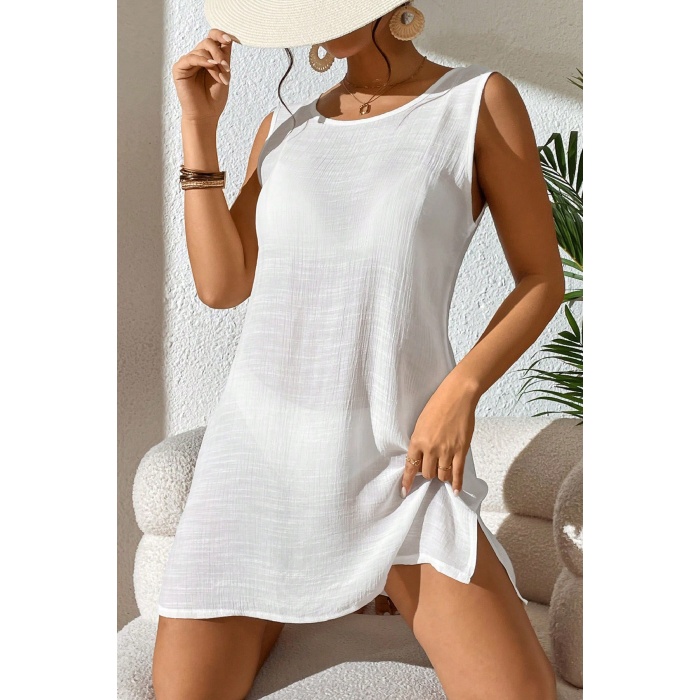Kadın Beyaz Sırt Detaylı Yırtmaçlı Plaj Elbisesi Pareo – Şık, Rahat ve 4 Mevsim Kullanıma Uygun