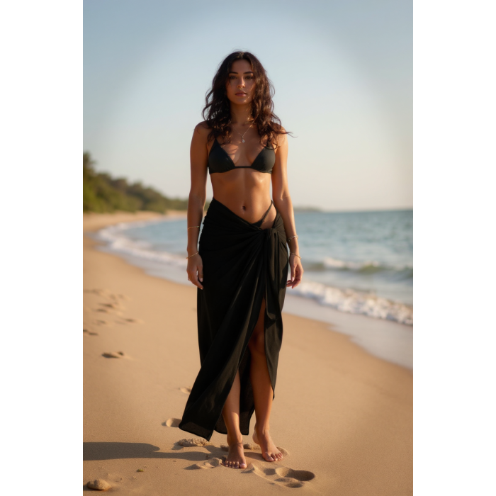 Kadın Siyah Bodrum Stili Bağlama Detaylı 150x75 Pareo – Modern ve Şık Tasarım