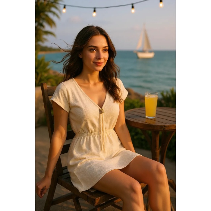 Kadın Beyaz Yanları Yırtmaçlı Tokalı V Yaka Mini Plaj Elbisesi – Şık, Rahat ve 4 Mevsim Kullanıma Uygun