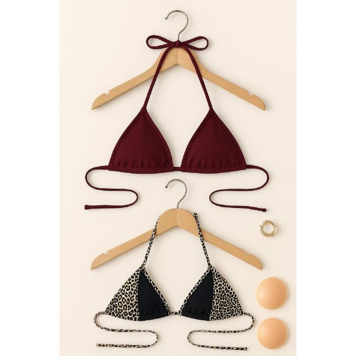 Kadın Leopar Desenli ve Bordo Minimal Kesim Üçgen Bikini Üstü – Modern ve Şık Tasarım