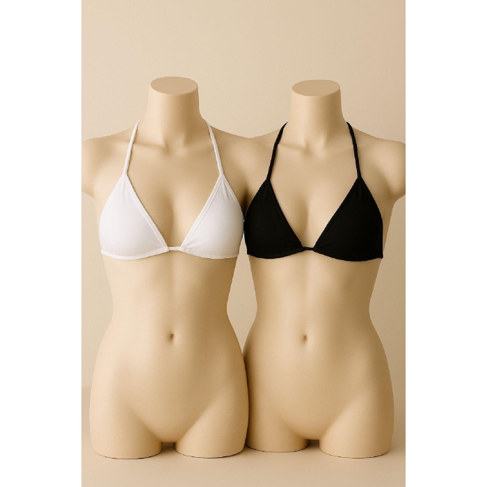 Kadın Siyah ve Beyaz Minimal Kesim Üçgen Bikini Üstü – Modern ve Şık Tasarım