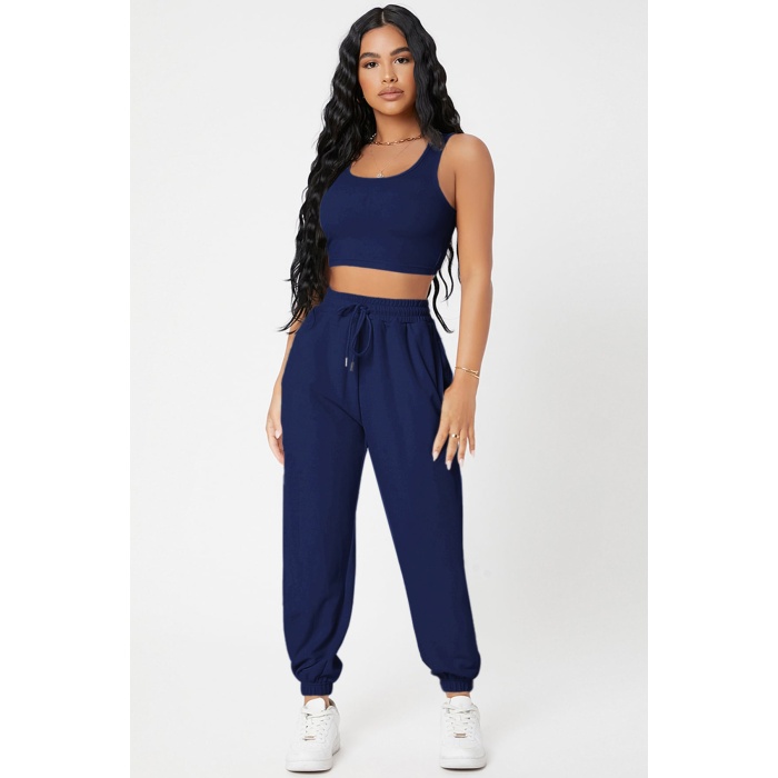 Kadın Lacivert Kaşkorse Cepli Jogger Eşofman Altı ve Crop Top Bluz – Şık, Rahat ve Kolay Kombinlenebilir