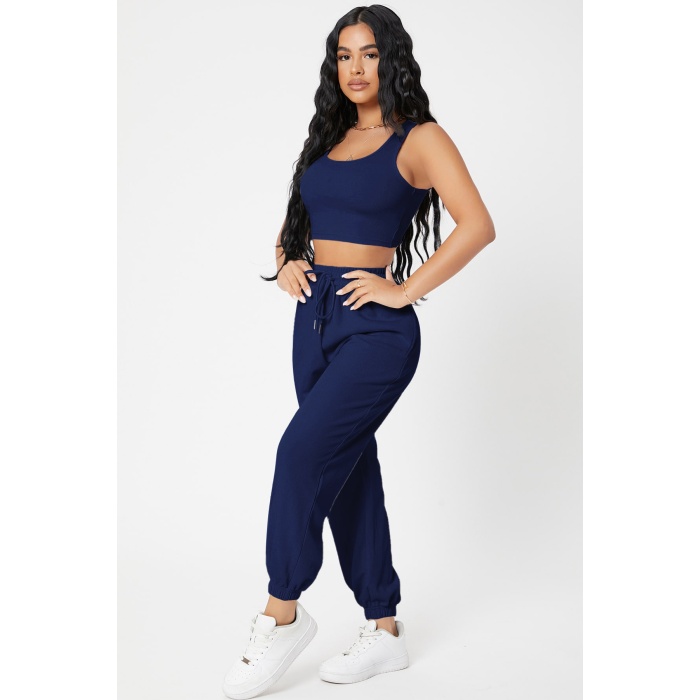 Kadın Lacivert Kaşkorse Cepli Jogger Eşofman Altı ve Crop Top Bluz – Şık, Rahat ve Kolay Kombinlenebilir