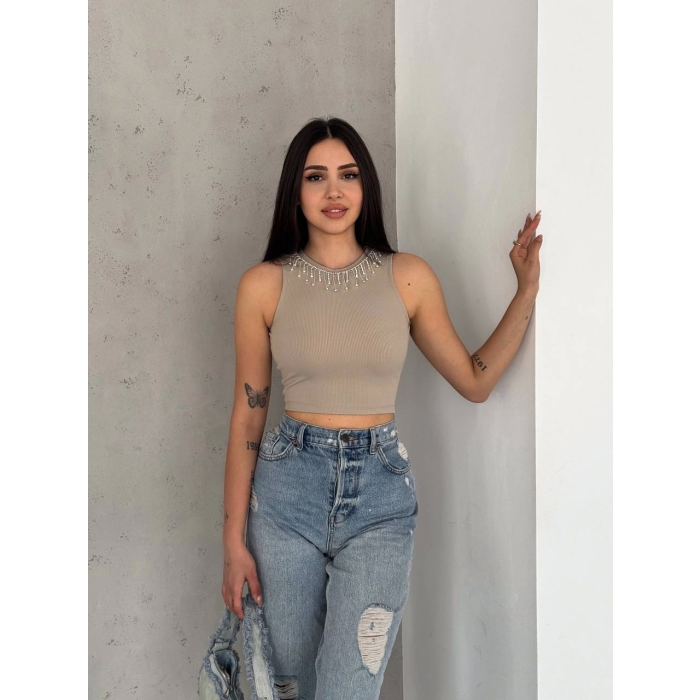 fitilli kaşkorse yakası zincirli atlet vizon