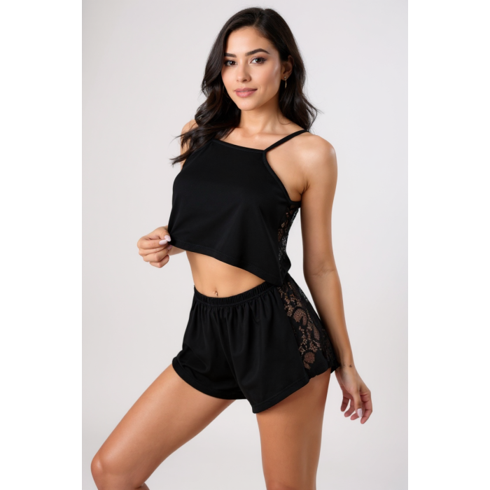 Kadın Siyah Arkası Komple Dantel Şortlu Gecelik Takım