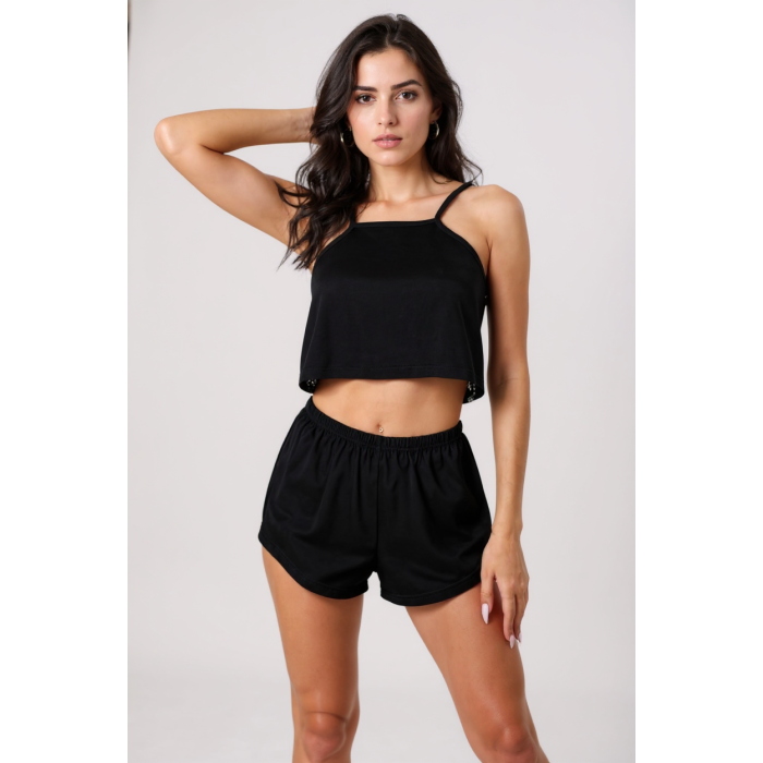 Kadın Siyah Arkası Komple Dantel Şortlu Gecelik Takım