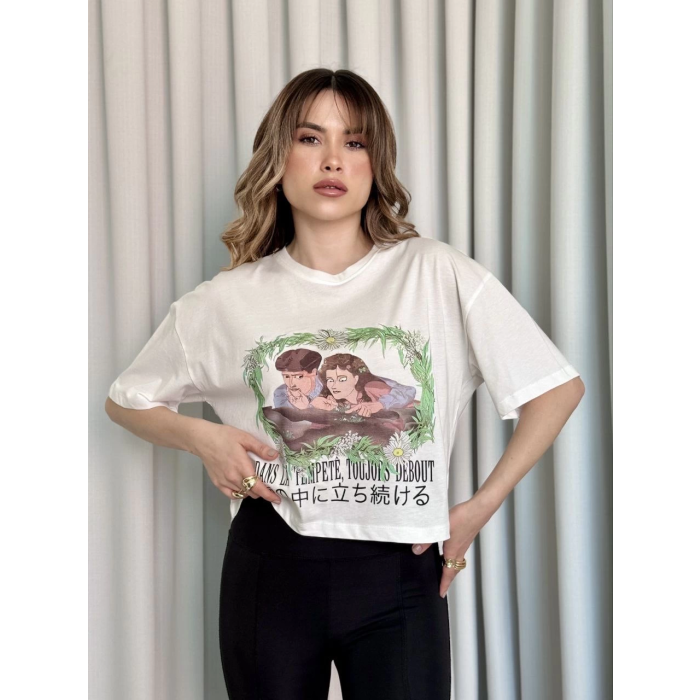 Oversize Beyaz baskılı crop tişört