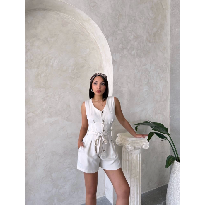 Kuşaklı şortlu tulum