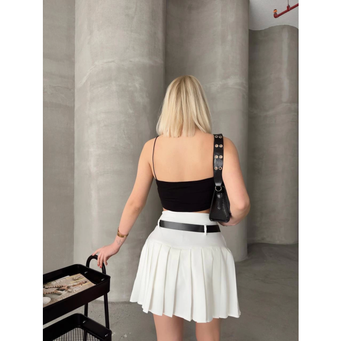 Kemerli piliseli şort etek beyaz s25305
