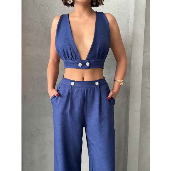 Crop pantolon keten takım s255012