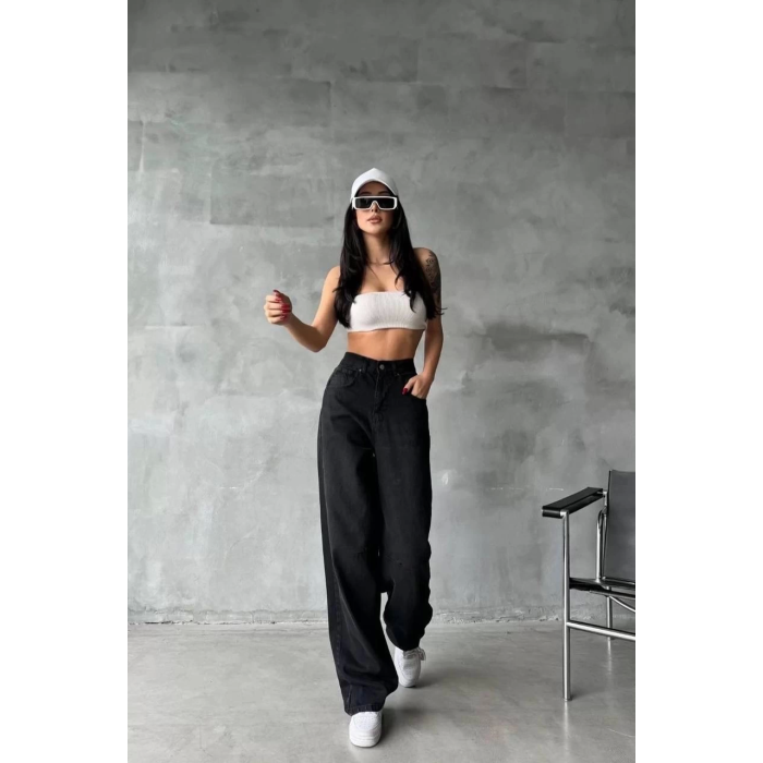 Arkadan tokalı jeans pantolon Siyah
