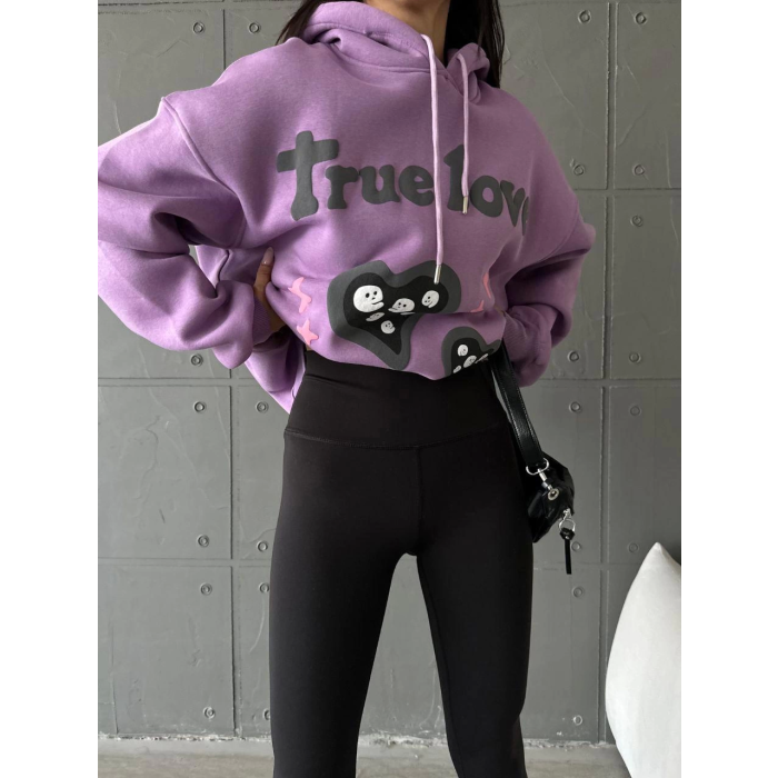 3 iplik şardonlu oversize true baskılı sweat mor