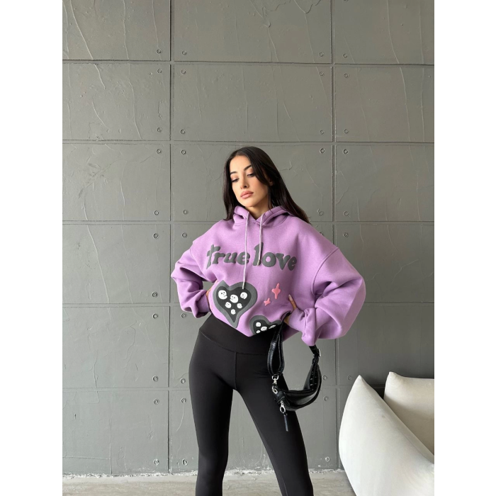 3 iplik şardonlu oversize true baskılı sweat mor