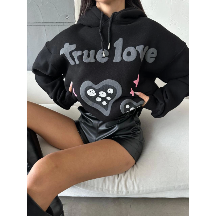 3 iplik şardonlu oversize true baskılı sweat siyah