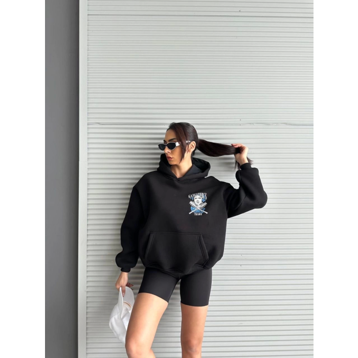 3 iplik şardonlu oversize kafa baskılı sweat siyah