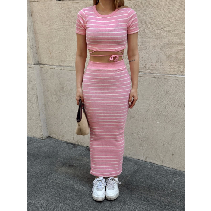 Çizgili etekli takım pembe s3609