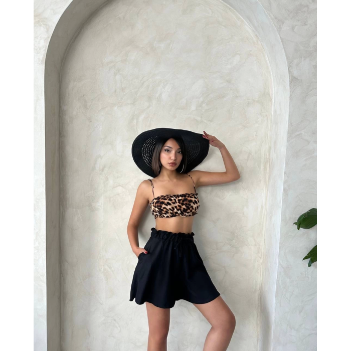 Volanlı keten şort siyah s255058