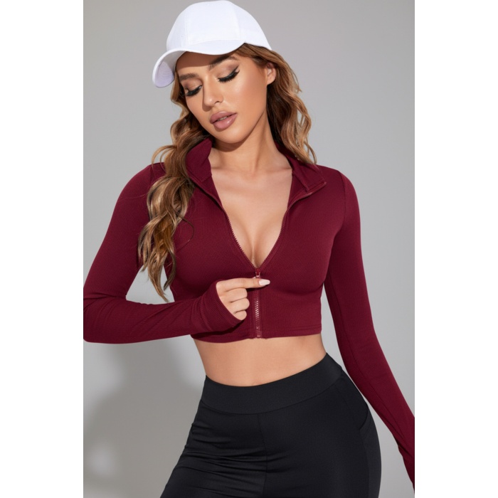 Kadın Bordo Uzun Kol Fermuarlı Parmak Geçme Detaylı Dik Yaka Crop Top Bluz