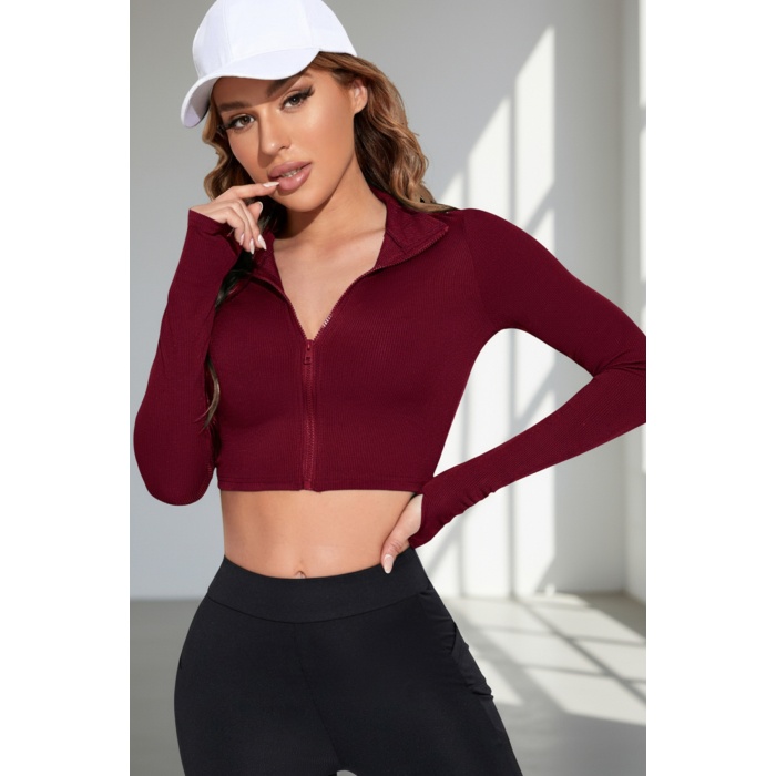 Kadın Bordo Uzun Kol Fermuarlı Parmak Geçme Detaylı Dik Yaka Crop Top Bluz