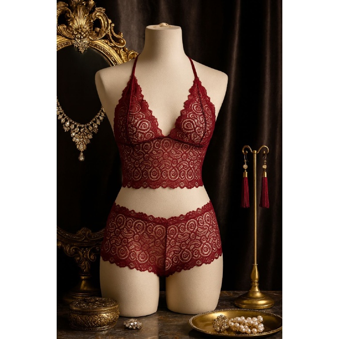 Kadın Bordo Dantel Bralet Şort Takımı – Asil ve Sofistike İç Giyim