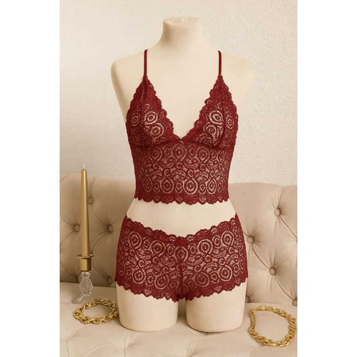 Kadın Bordo Dantel Bralet Şort Takımı – Asil ve Sofistike İç Giyim