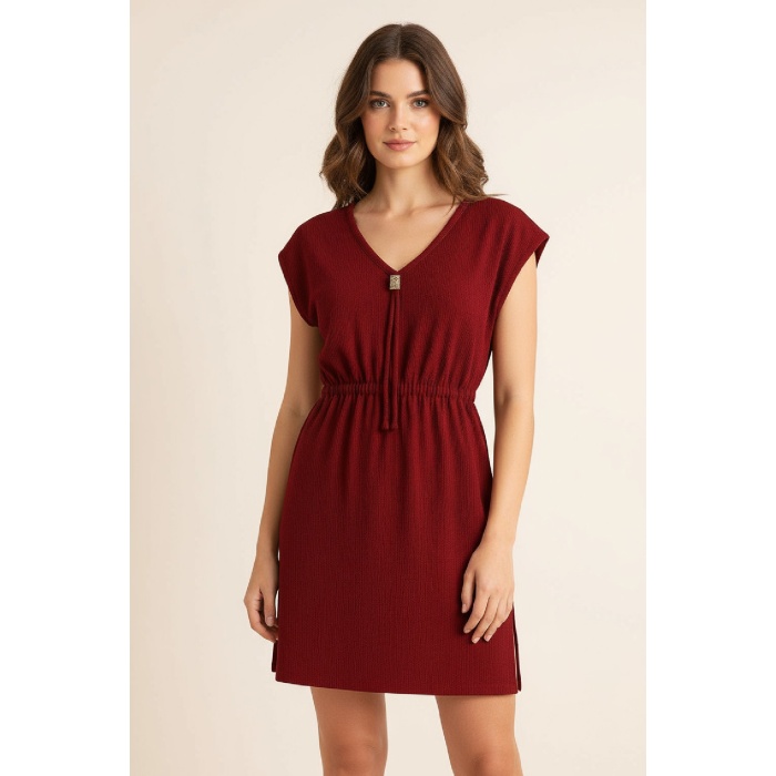 Kadın Bordo Yanları Yırtmaçlı Tokalı V Yaka Mini Plaj Elbisesi