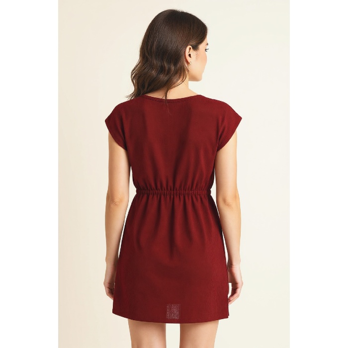 Kadın Bordo Yanları Yırtmaçlı Tokalı V Yaka Mini Plaj Elbisesi