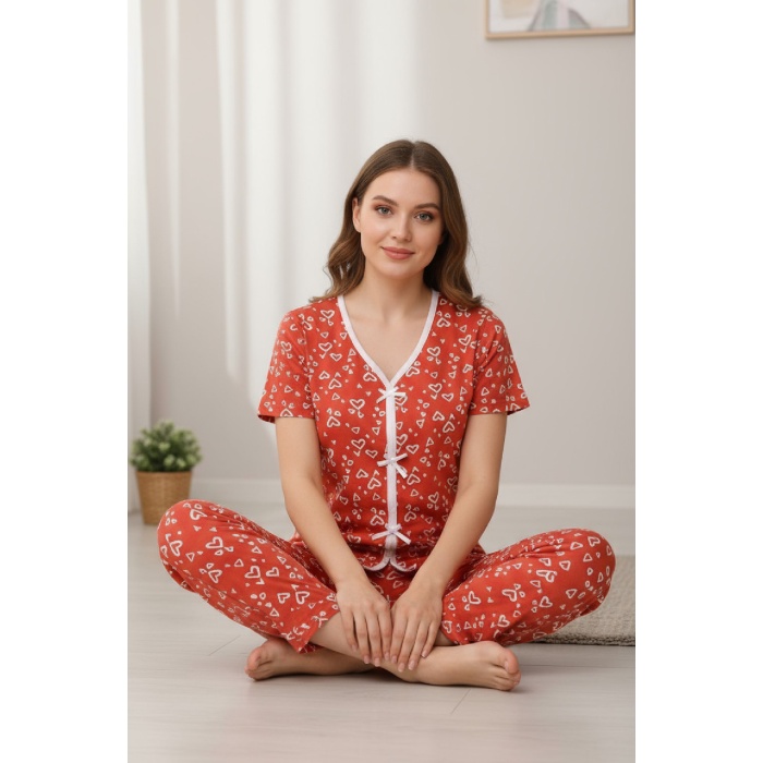 Kadın Turuncu Kalp Desenli Fiyonklu Kısa Kollu Uzun Pijama Takımı
