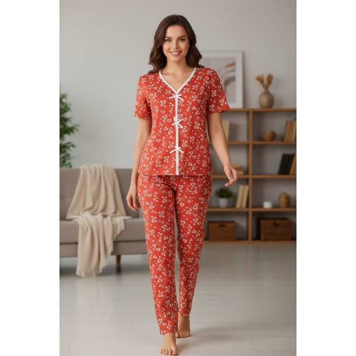 Kadın Turuncu Kalp Desenli Fiyonklu Kısa Kollu Uzun Pijama Takımı