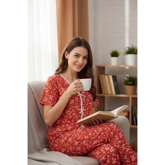 Kadın Turuncu Kalp Desenli Fiyonklu Kısa Kollu Uzun Pijama Takımı