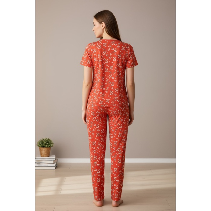 Kadın Turuncu Kalp Desenli Fiyonklu Kısa Kollu Uzun Pijama Takımı