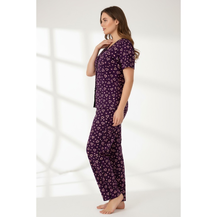 Kadın Mor Kalp Desenli Fiyonklu Kısa Kollu Uzun Pijama Takımı