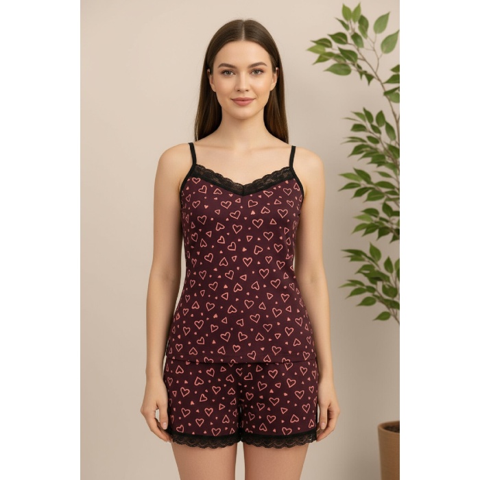 Kadın Mor Kalp Desenli Askılı Şortlu Dantelli Pijama Takımı
