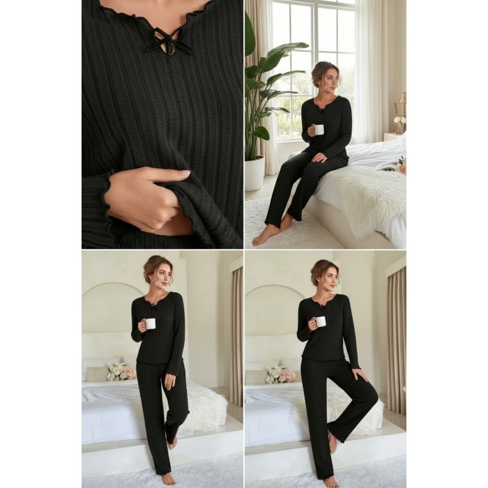 Kadın Siyah Uzun Kollu Fiyonklu Yuvarlak Yaka Mevsimlik Pijama Takımı