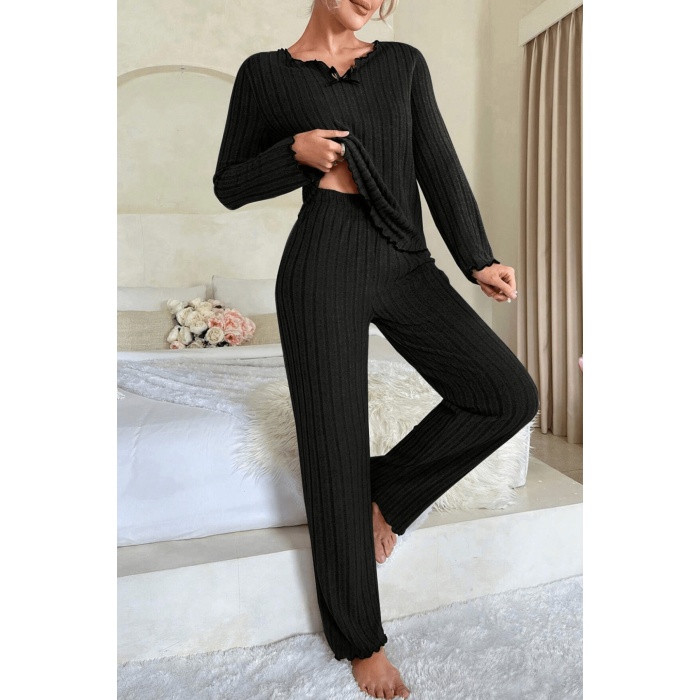 Kadın Siyah Uzun Kollu Fiyonklu Yuvarlak Yaka Mevsimlik Pijama Takımı