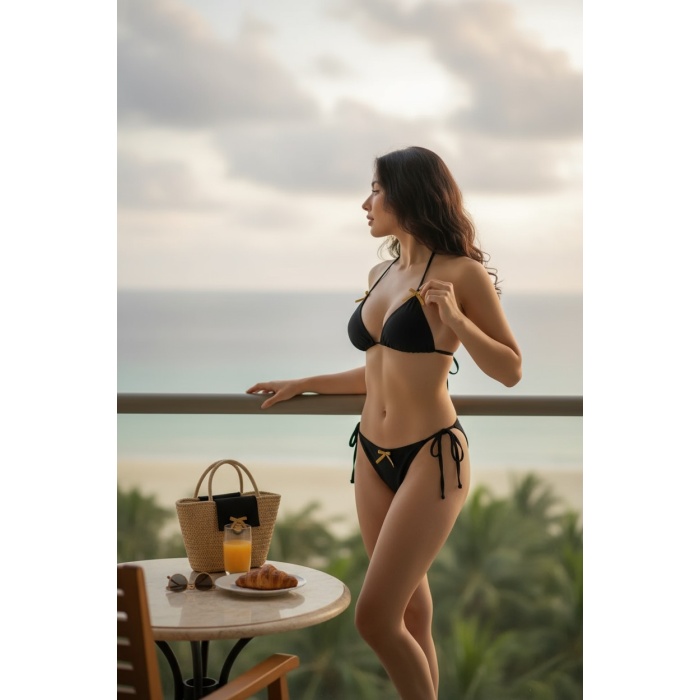 Kadın Siyah Fiyonklu İç Çamaşırı ve Uzun Kollu V Yaka Pijama Takımı 4lü Set