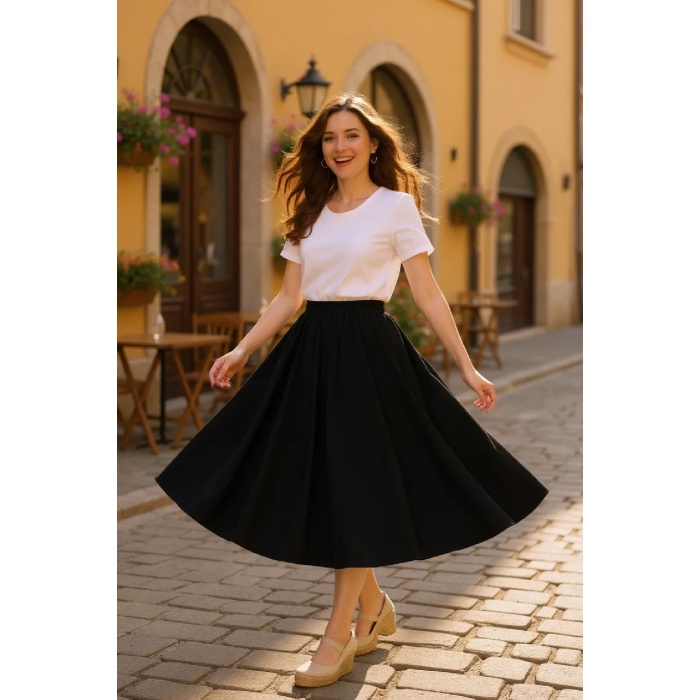 Kadın Siyah Double Kumaş Beli Lastikli Cepli Etek