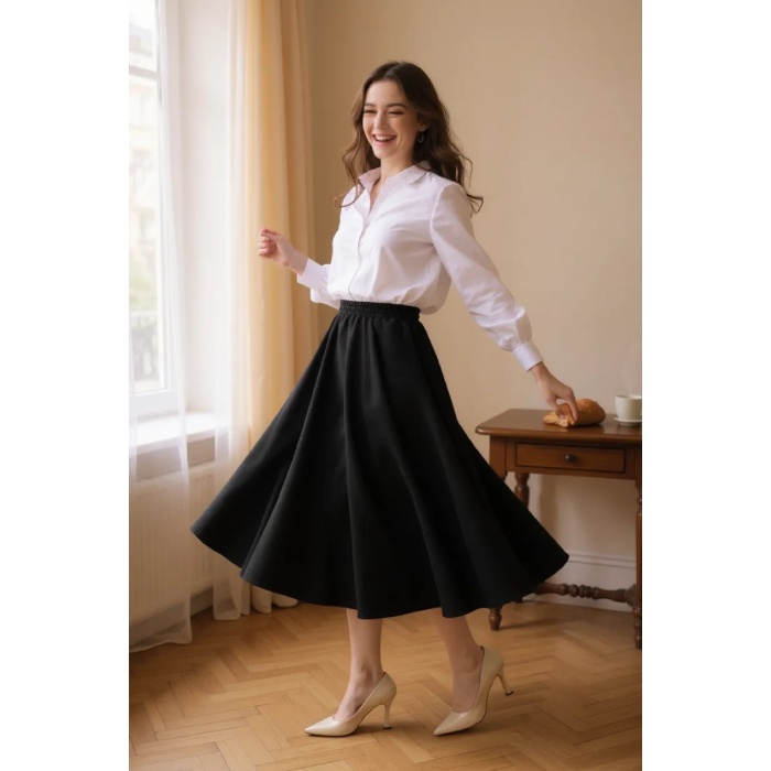 Kadın Siyah Double Kumaş Beli Lastikli Cepli Etek