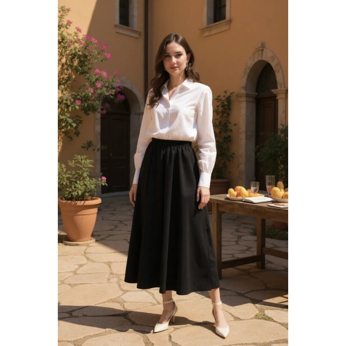 Kadın Siyah Double Kumaş Beli Lastikli Cepli Etek