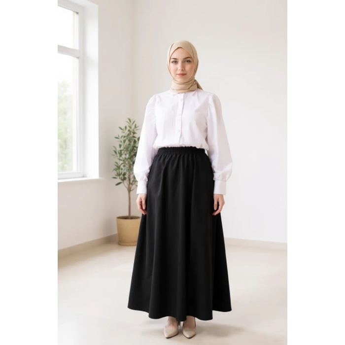 Kadın Siyah Double Kumaş Beli Lastikli Cepli Etek