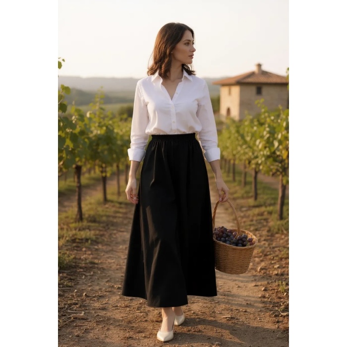 Kadın Siyah Double Kumaş Beli Lastikli Cepli Etek