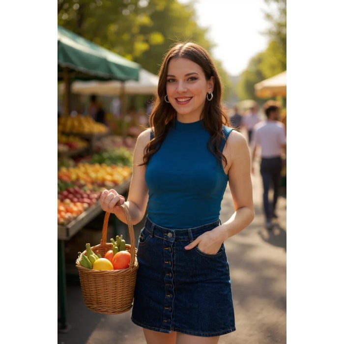 Kadın Mavi Kolsuz Balıkçı Yaka Basic Bluz