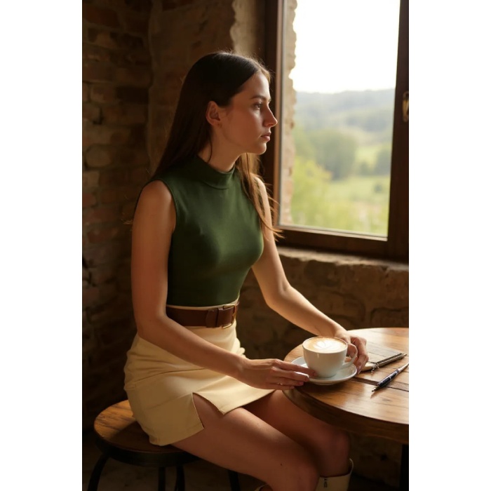 Kadın Haki Yeşili Kolsuz Balıkçı Yaka Basic Bluz