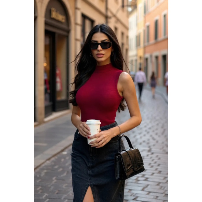 Kadın Bordo Kolsuz Balıkçı Yaka Basic Bluz