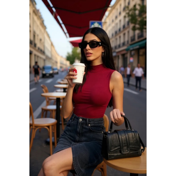 Kadın Bordo Kolsuz Balıkçı Yaka Basic Bluz