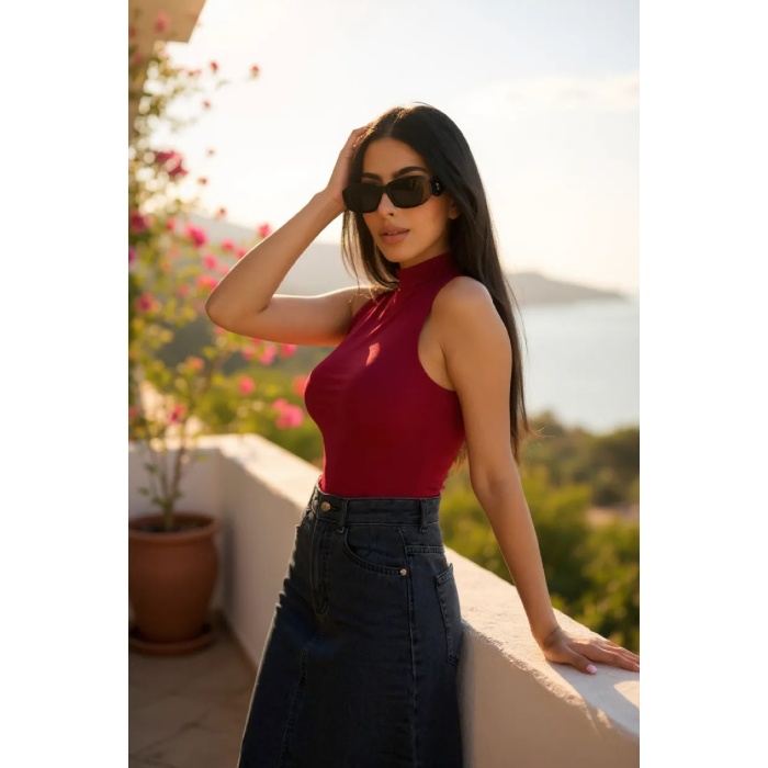 Kadın Bordo Kolsuz Balıkçı Yaka Basic Bluz