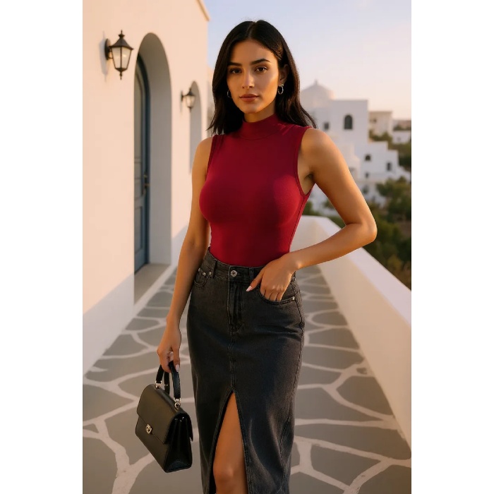 Kadın Bordo Kolsuz Balıkçı Yaka Basic Bluz