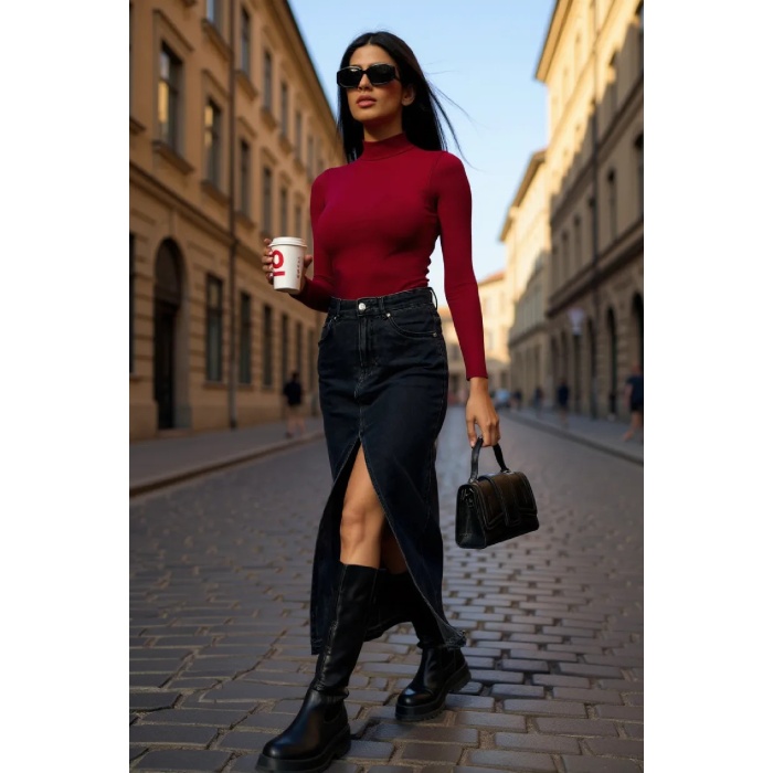 Kadın Bordo Kolsuz Balıkçı Yaka Basic Bluz