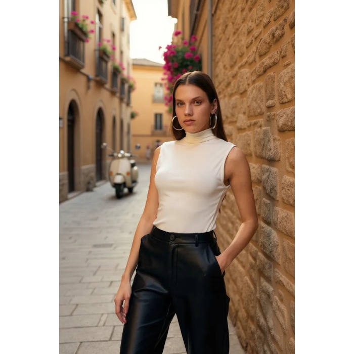 Kadın Beyaz Kolsuz Balıkçı Yaka Basic Bluz